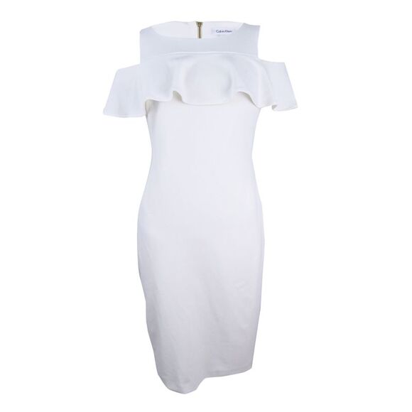 Calvin Klein Women's  Ruffled Cold-Shoulder Dress - Cream - Picture 1 of 2